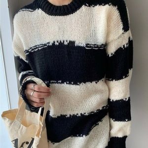 Black and White Striped Distressed Knit Sweater